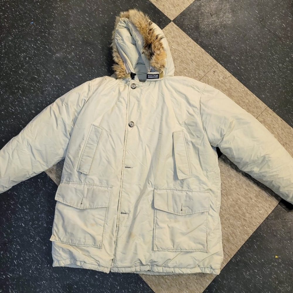 Vintage Woolrich Arctic Parka Down Filled Coat Mens XL Hooded Fur Trim Beige